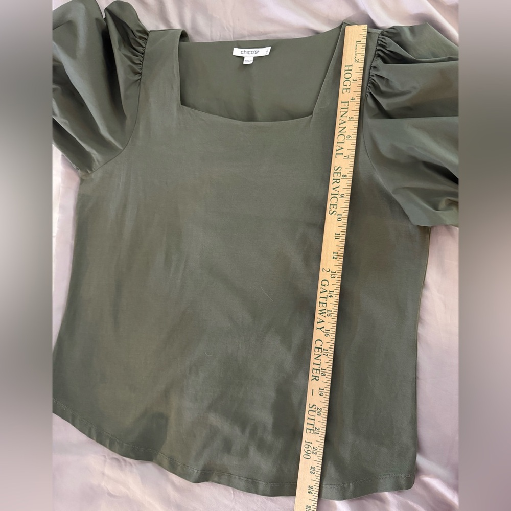 Chico’s Puff Sleeve Square Neck Sage Green Stretchy Blouse Top - Large - Picture 8 of 10